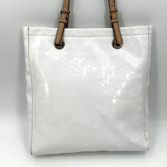 MICHAEL KORS White Jet Set Patent Leather Monogram Embossed Large Tote Purse - Picture 4 of 14